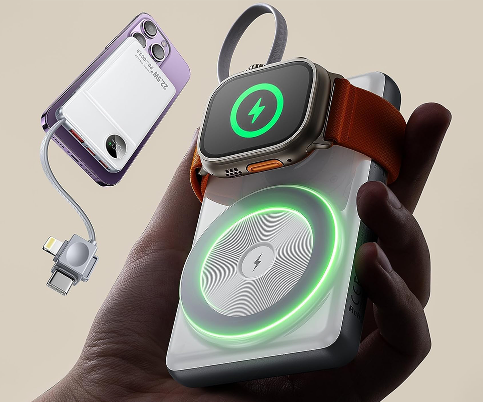 Batería externa MagSafe LISEN cargando un iPhone y un Apple Watch.