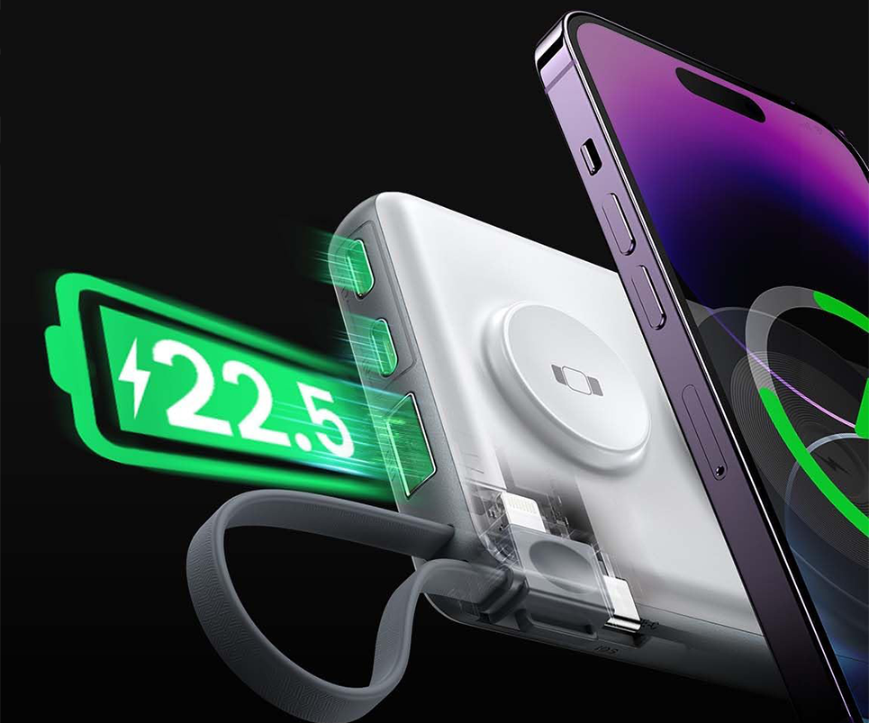 Batería externa MagSafe LISEN con carga rápida de 22,5 W conectada a un iPhone.