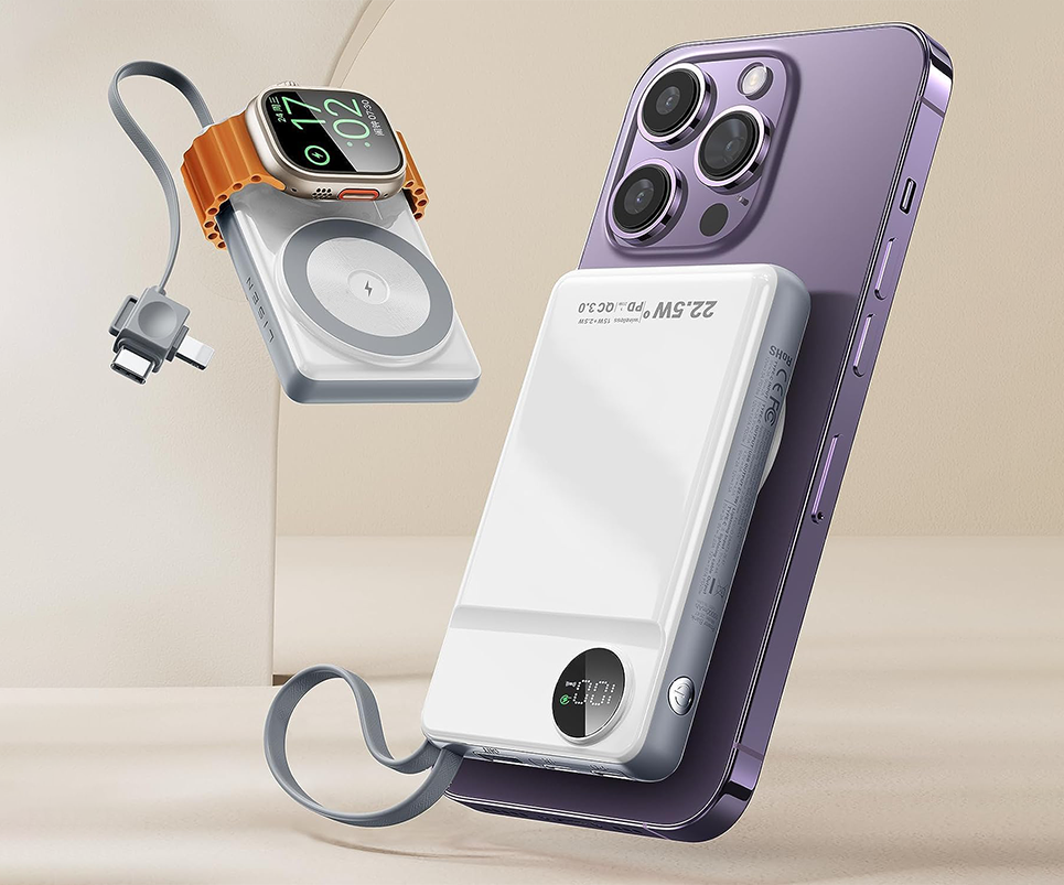 Power bank MagSafe LISEN Icemaq de 10.000 mAh cargando un iPhone morado y un Apple Watch mediante carga magnética y cable integrado