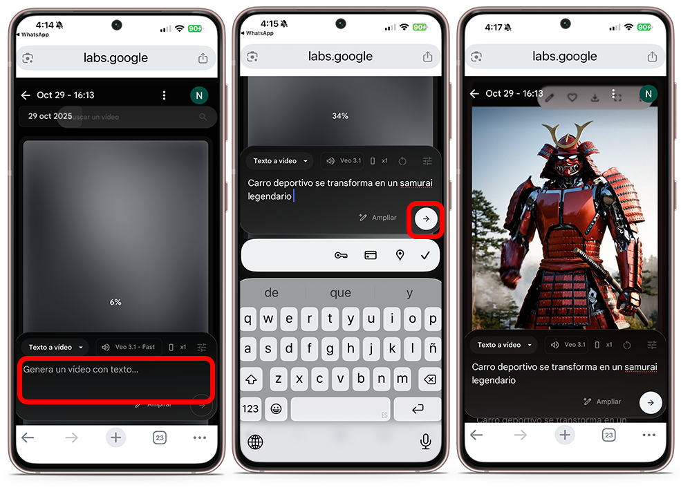 Coloca el prompt en Flow para generar un video con IA