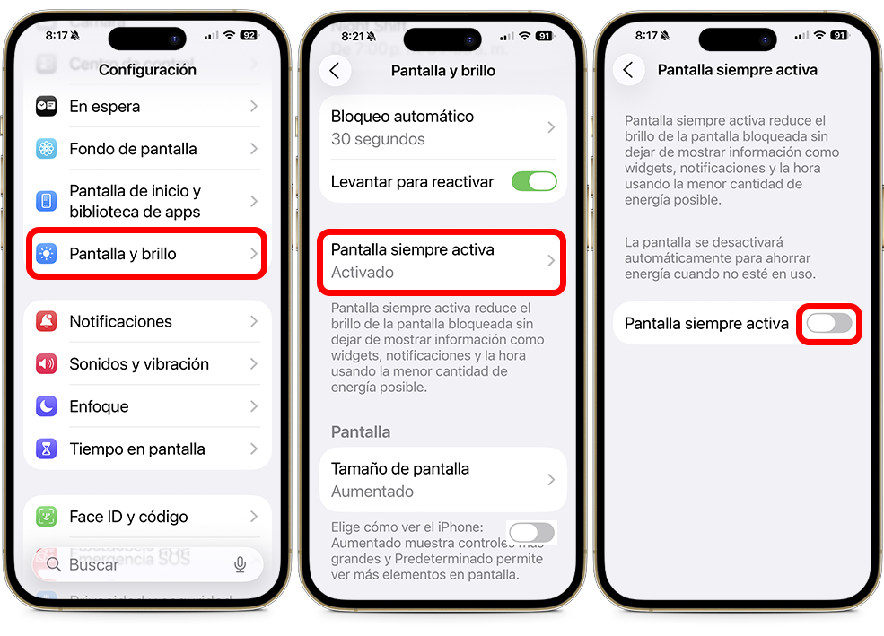 Cómo mejorar la batería de tu iPhone - Desactiva la Pantalla siempre activa
