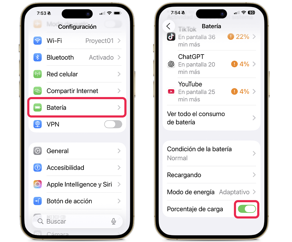 Autonomía en iOS 26 - Porcentaje de batería