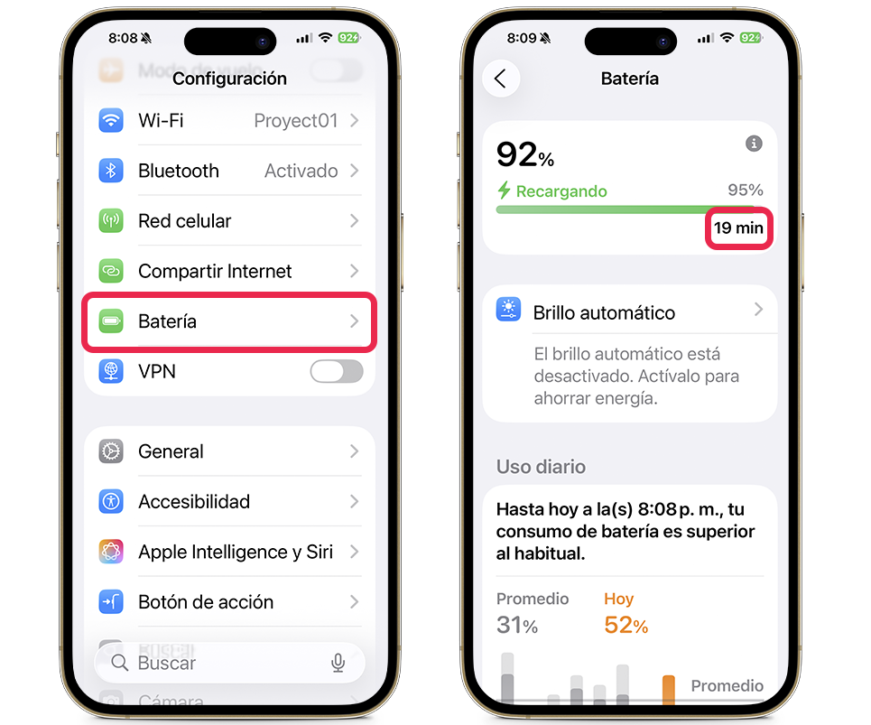 Autonomía en iOS 26 - Verifica el tiempo restante de carga