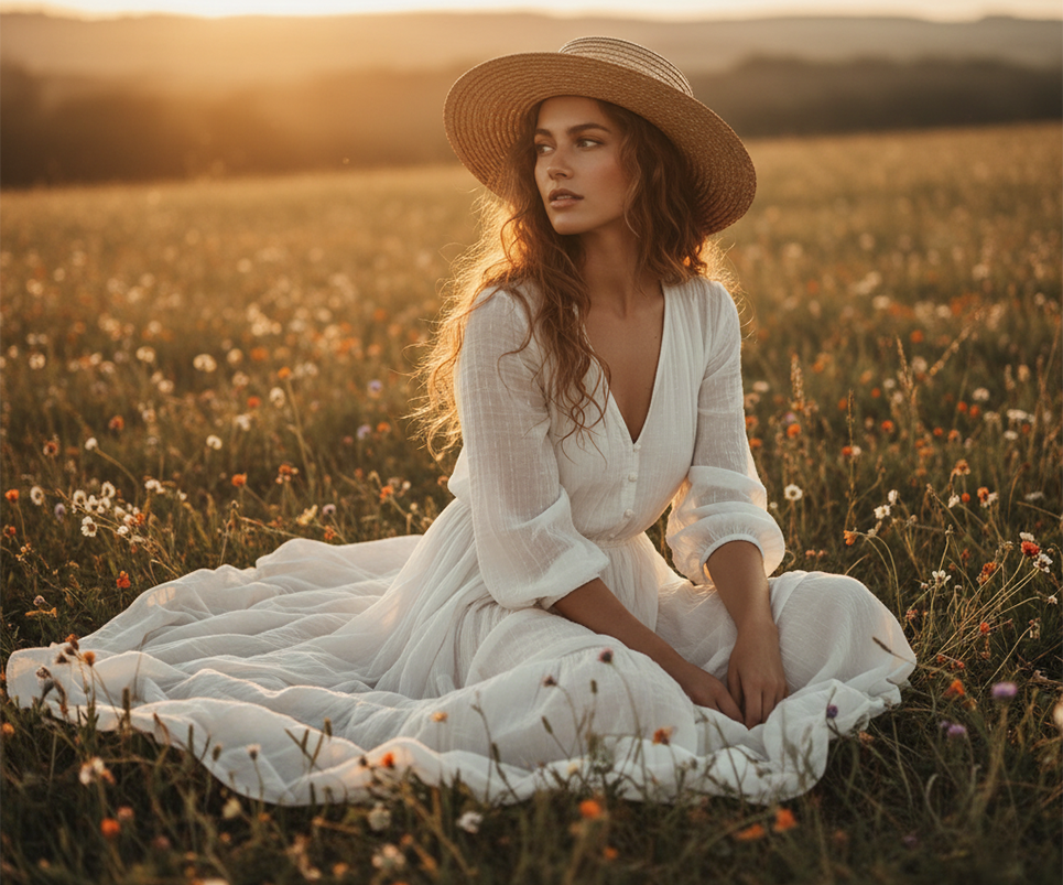 Prompts para generar fotos de retrato - Femenino bohemio al aire libre