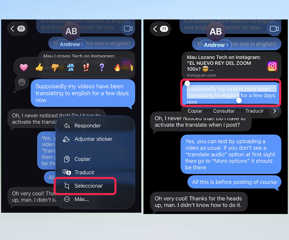Trucos ocultos de iOS 26 - Copiar solo una parte de un mensaje