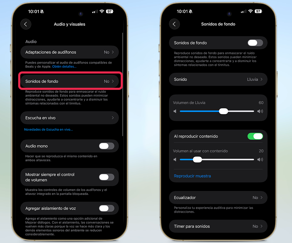 Trucos ocultos de iOS 26 - Nuevos sonidos de fondo