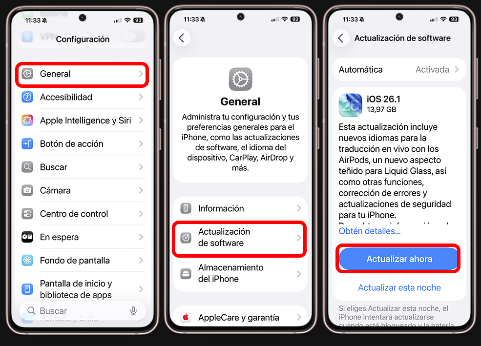 Pasos para actualizar a iOS 26.1