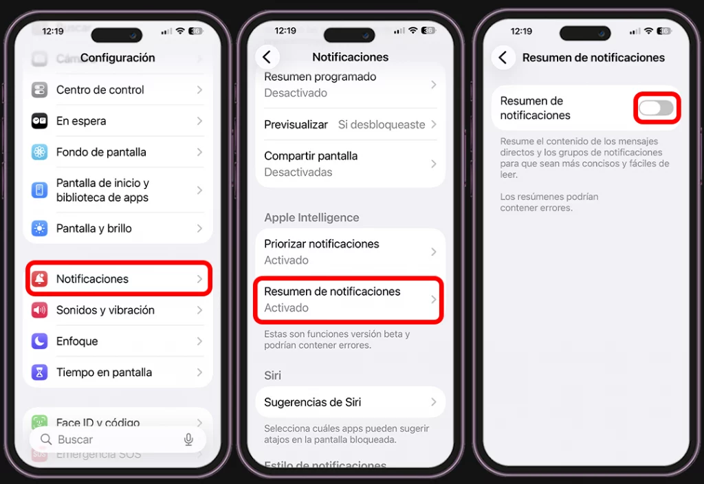 Pasos para desactivar los resúmenes de notificaciones de Apple Intelligence en iPhone
