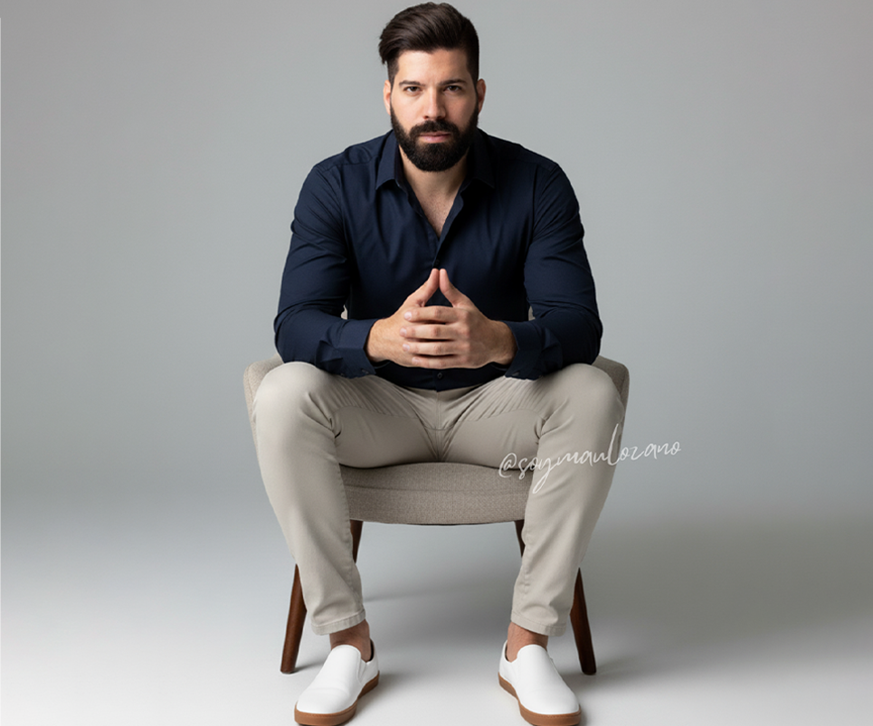 Prompts para crear fotos profesionales para tu CV con Gemini - Foto estudio de hombre sentado en silla beige