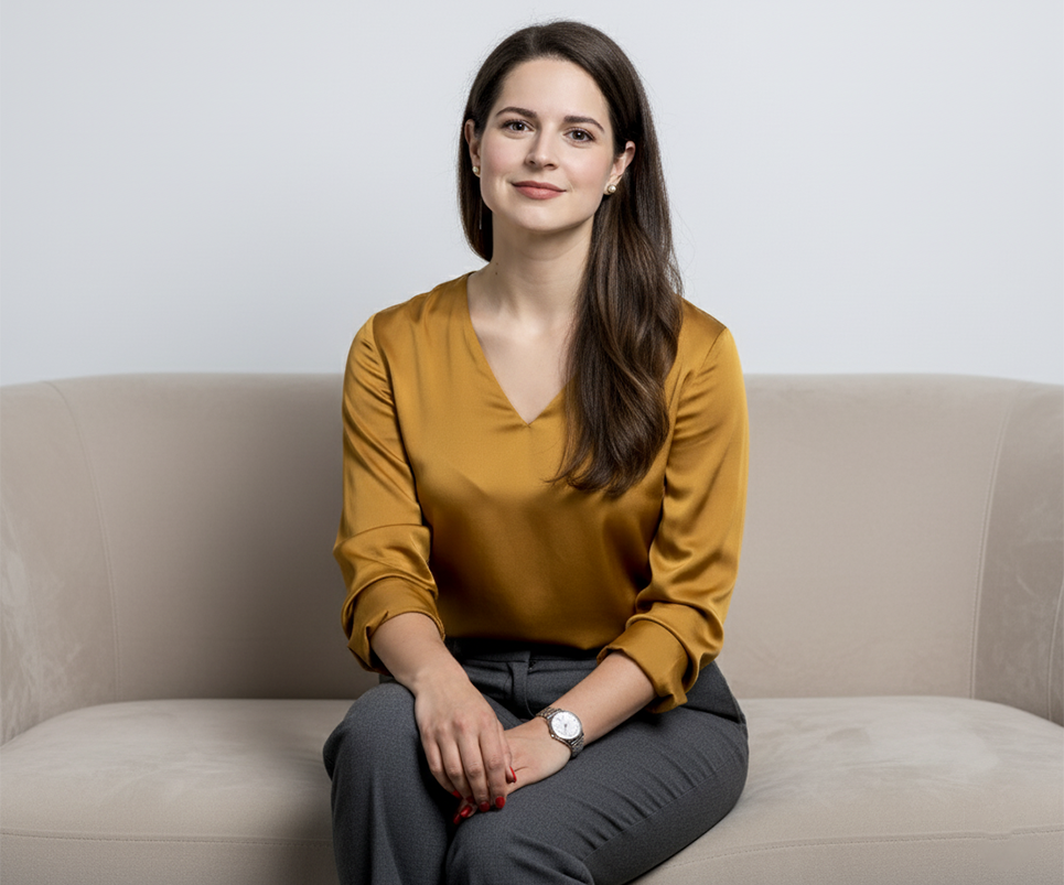 Prompts para crear fotos profesionales para tu CV con Gemini - Mujer profesional sentada en sillón