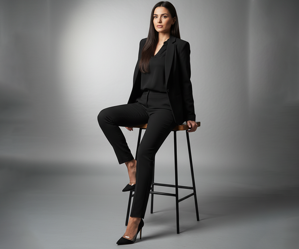 Prompts para fotos profesionales de mujer - Elegante sentada en silla alta