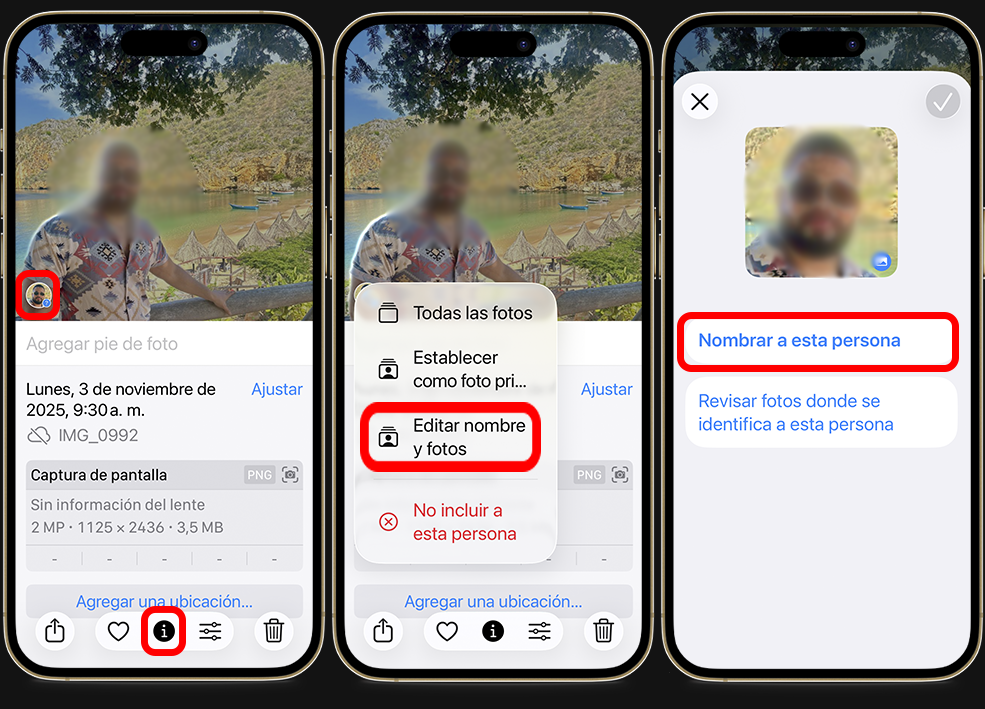 Pasos para colocar un nombre en una foto o video en la app Fotos de iPhone