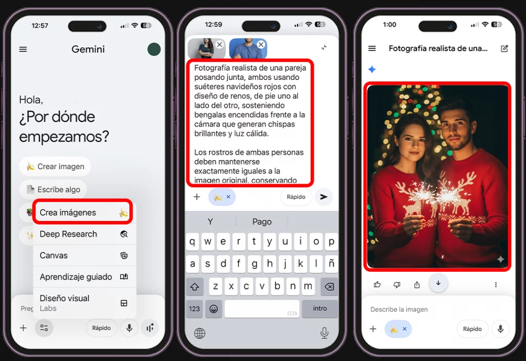 Pasos para crear fotos de Navidad en pareja con Gemini