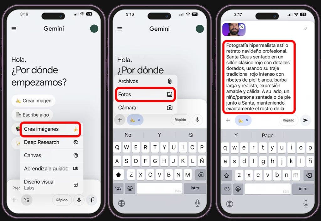 Pasos para crear fotos navideñas con Santa usando Gemini