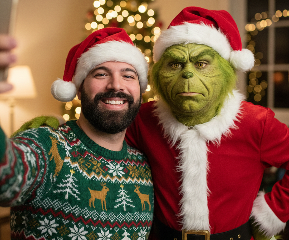 Prompt de Navidad con el Grinch – Hombre haciendo un selfie con el Grinch