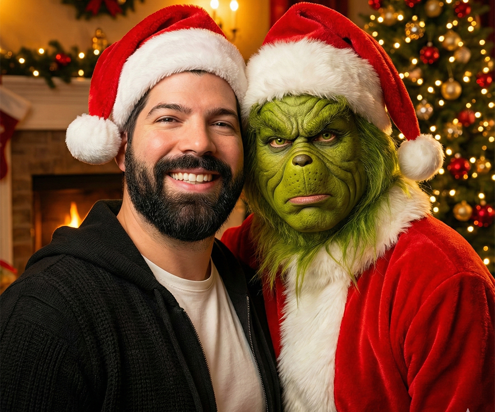 Prompt de Navidad con el Grinch – Hombre posando junto al Grinch