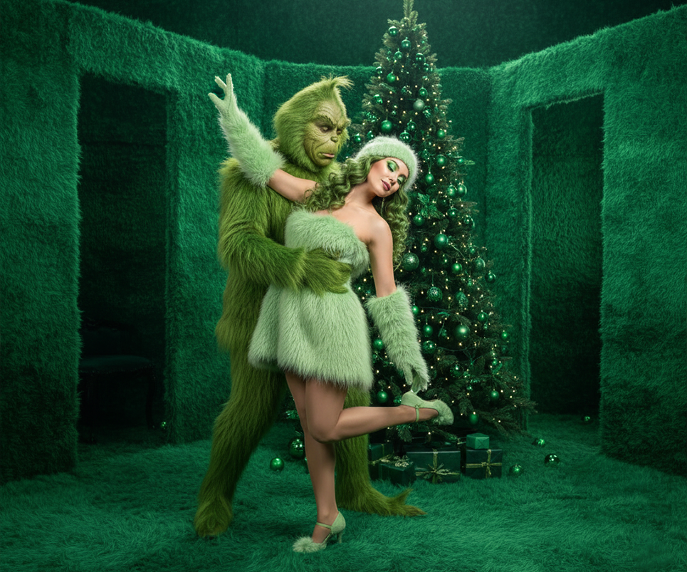 Prompt de Navidad con el Grinch – Mujer con vestido bailando