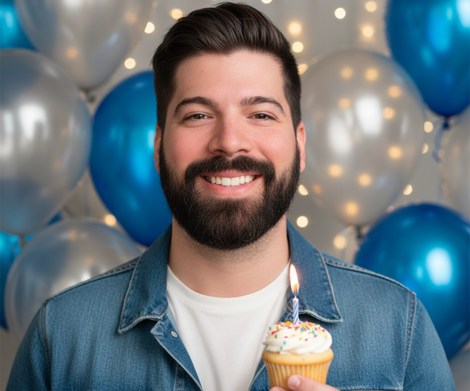 Prompts para crear fotos de cumpleaños - Hombre joven con cupcake