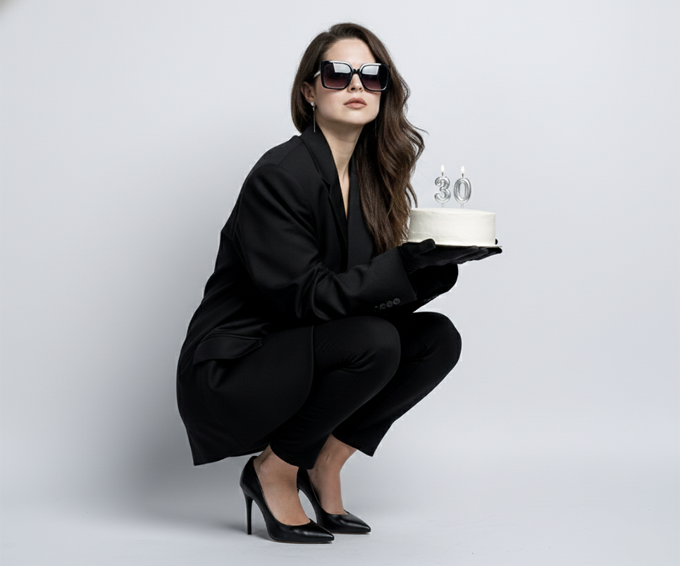 Prompt para fotos de cumpleaños - Mujer con pastel estilo editorial