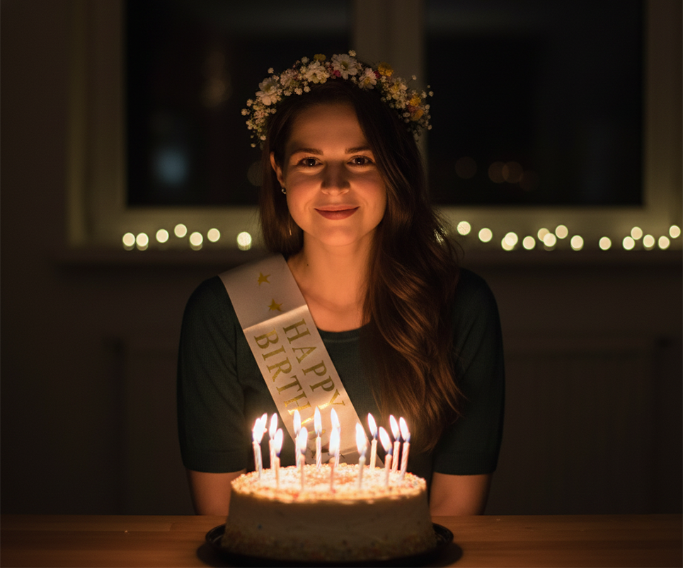 Prompts para crear fotos de cumpleaños - Mujer iluminada por velas