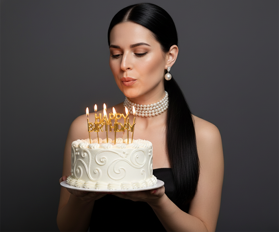 Prompts para crear fotos de cumpleaños - Mujer elegante soplando velas