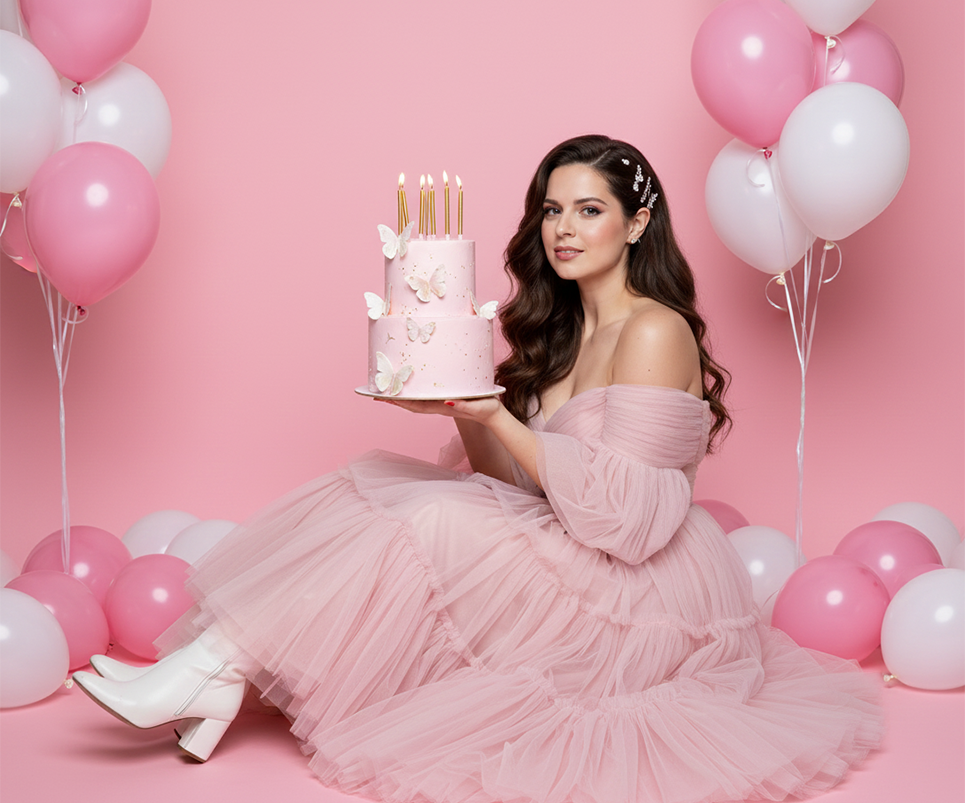 Prompt para fotos de cumpleaños - Mujer con pastel y globos