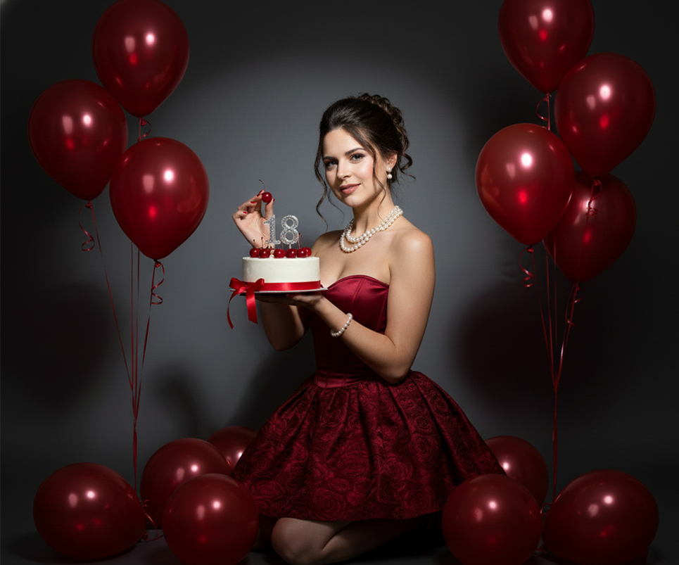Prompt para fotos de cumpleaños - Mujer hiperrealista en rojo