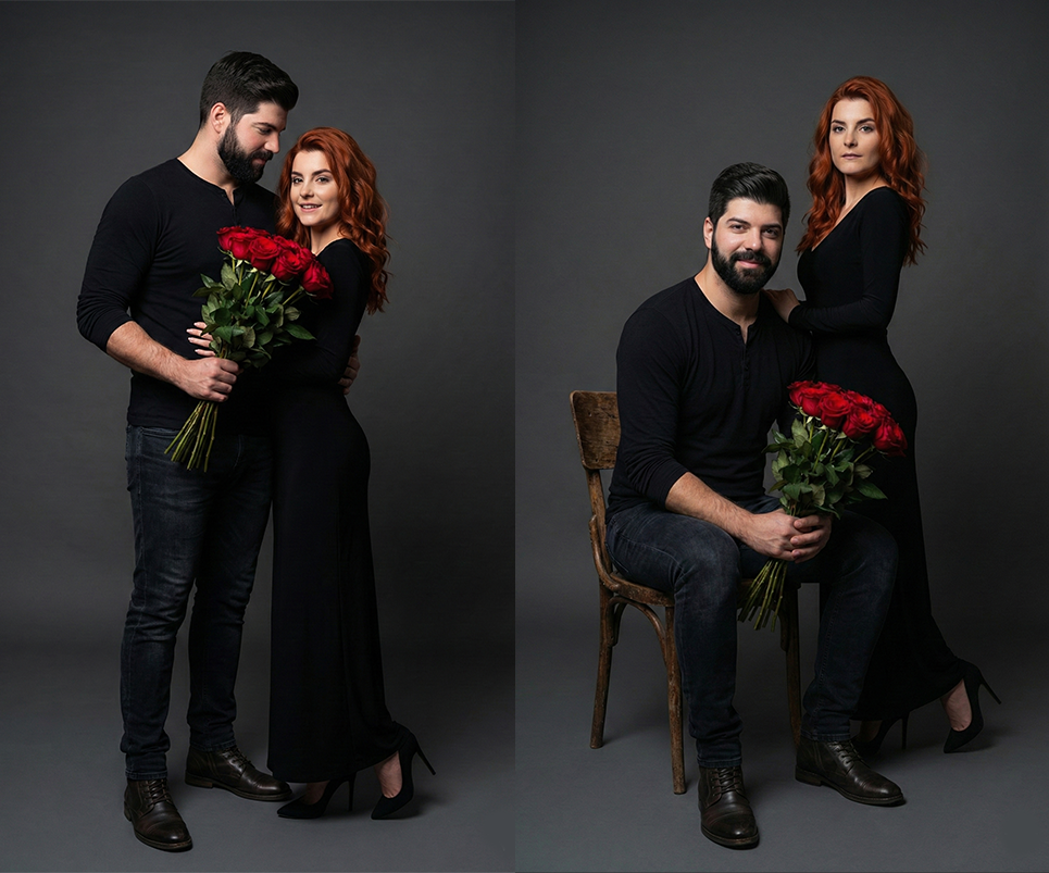 Prompt para fotos de pareja Gemini - Profesional de estudio con ramo de rosas