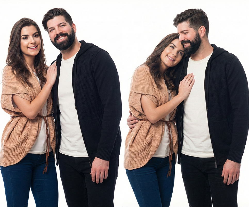 Prompt para fotos de pareja Gemini - Retrato de estudio con fondo blanco puro