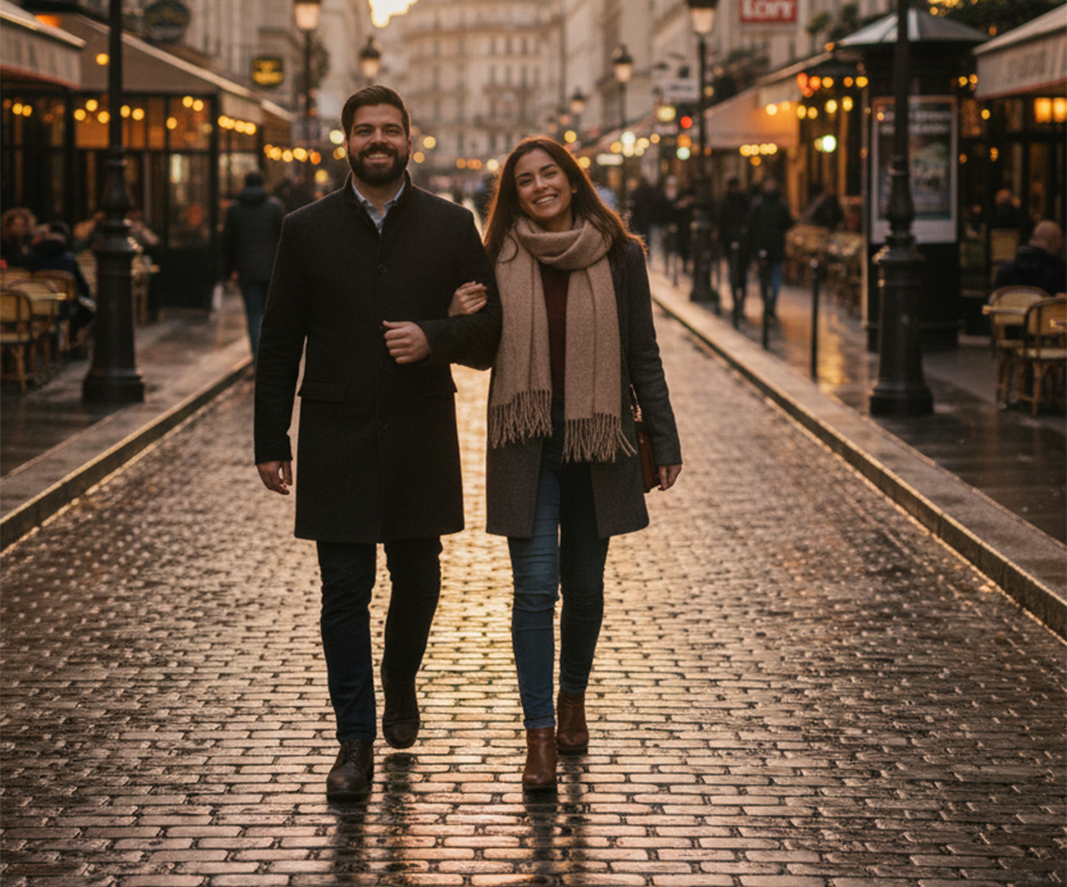 Prompt para fotos en pareja Gemini - Calle de París al atardecer