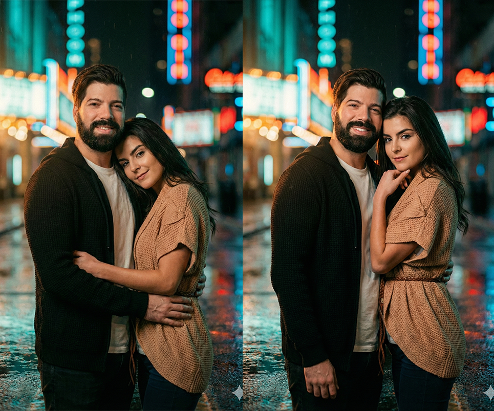 Prompt para fotos en pareja Gemini - Nocturno con luces de neón