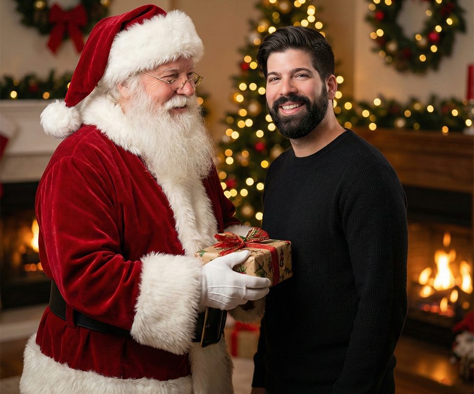 Prompts para fotos navideñas con Santa – Hombre recibiendo regalo de Santa