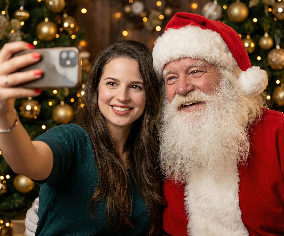 Prompts para fotos navideñas con Santa – Mujer tomándose selfie con Santa