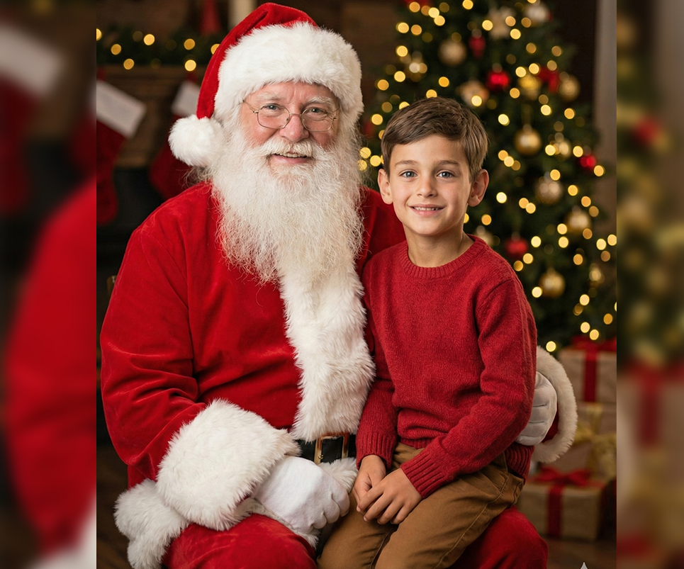 Prompts para fotos navideñas con Santa – Niño sentado en las piernas de Santa