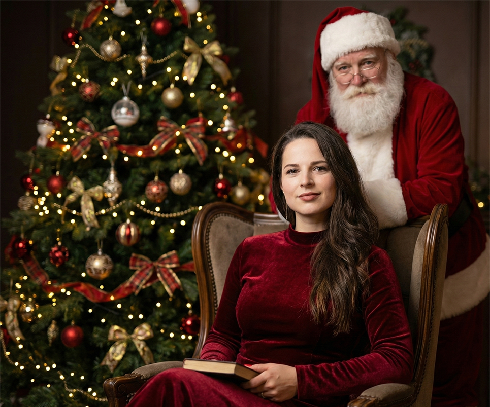 Prompts para fotos navideñas con Santa – Mujer sentada elegantemente junto a Santa
