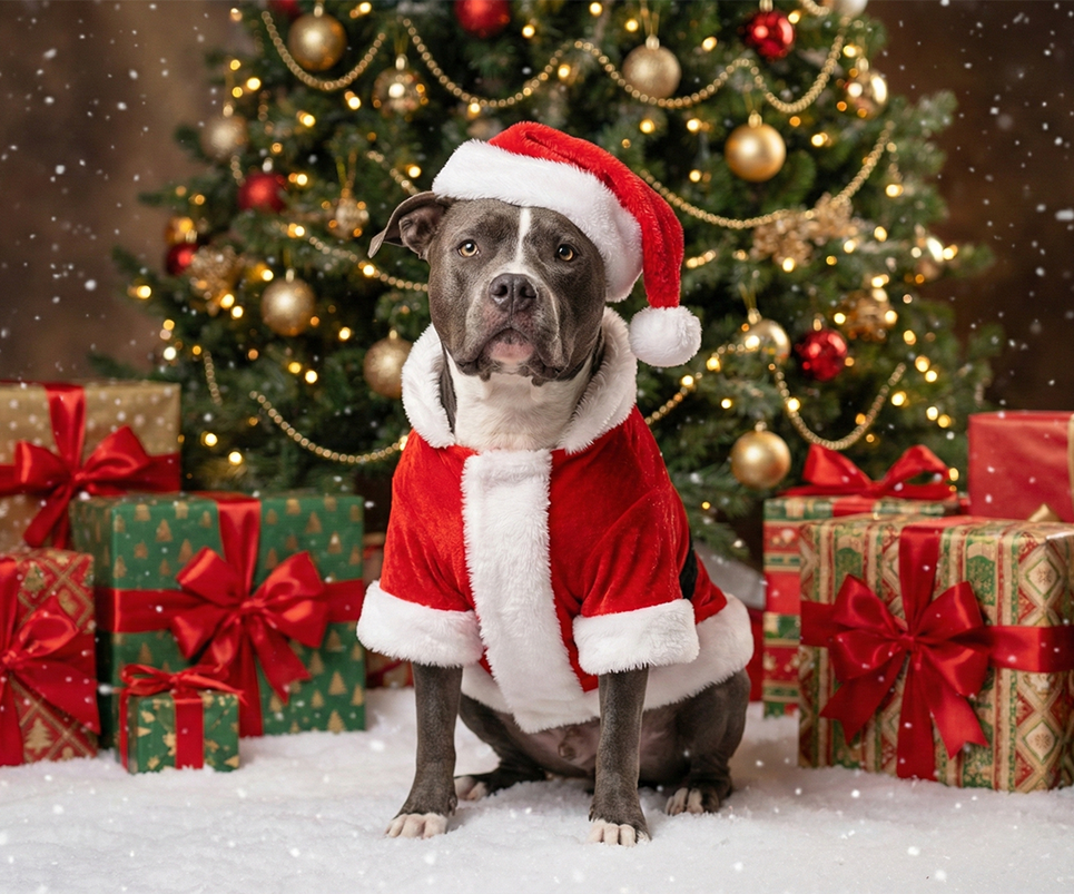 Prompts para fotos navideñas con mascotas – Mascota Papá Noel invernal