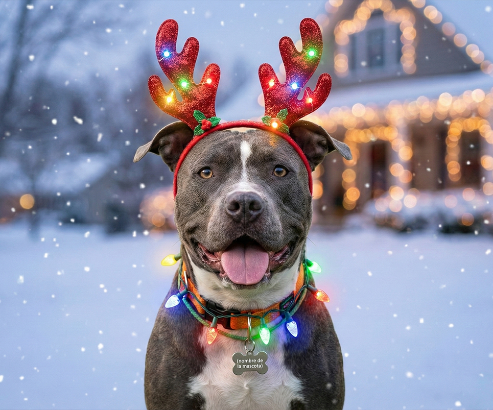 Prompts para fotos navideñas con mascotas – Mascota reno festivo