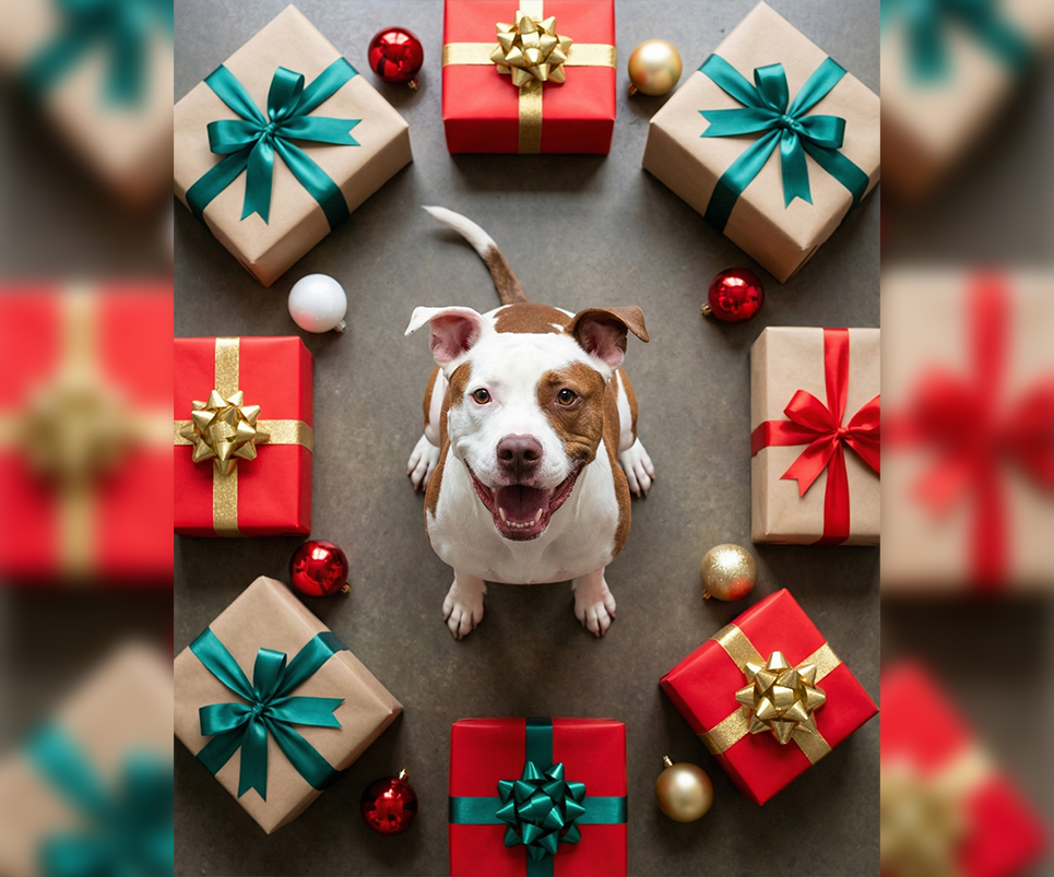 Prompts de Navidad para fotos con mascotas – Mascota rodeada de regalos
