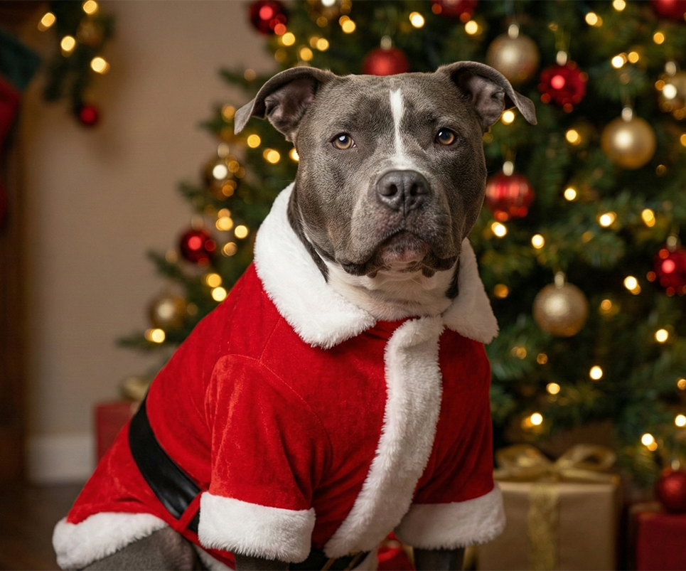 Prompts para fotos navideñas con mascotas – Perro Santa hiperrealista