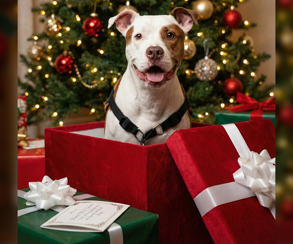 Prompts de Navidad para fotos con mascotas – Perro en caja de regalo