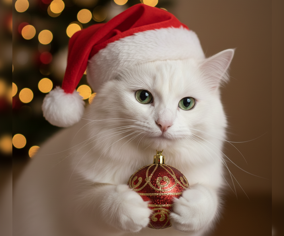 Prompts de Navidad para fotos con mascotas – Gato con gorro y adorno