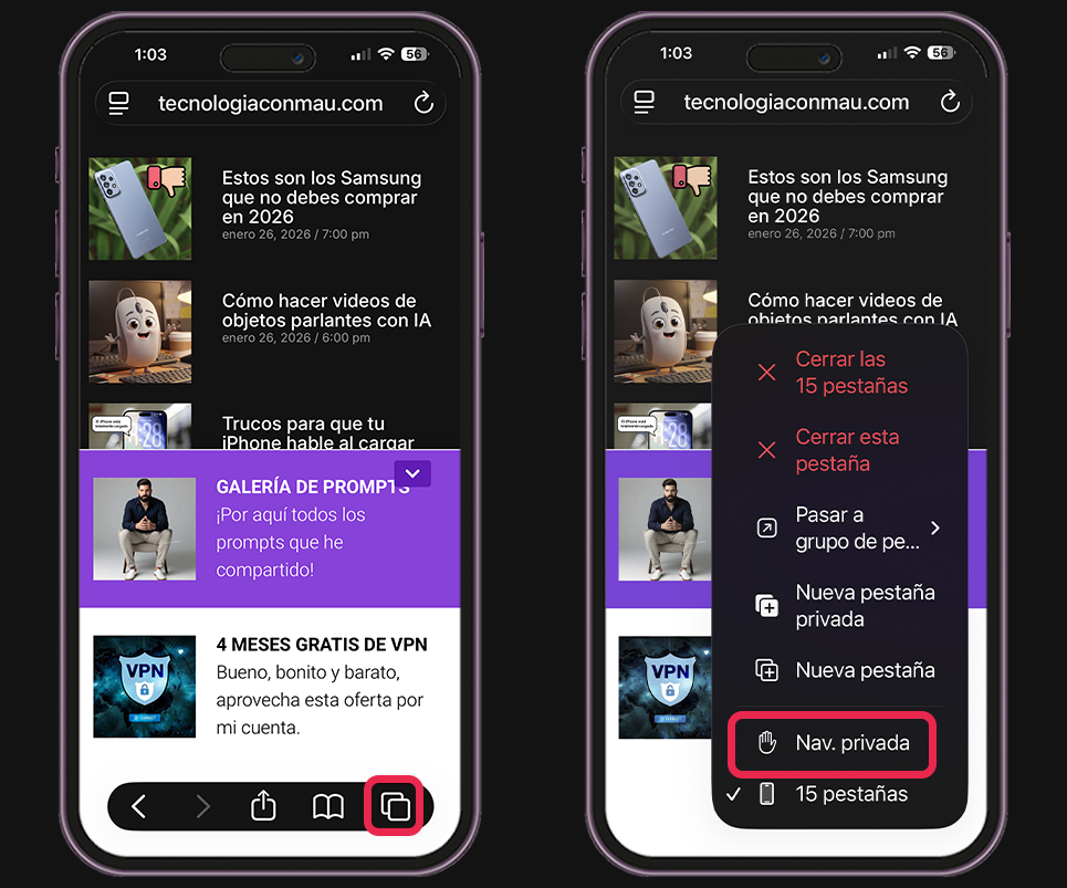 Abrir una pestaña privada en Safari con iPhone - con pulsación larga