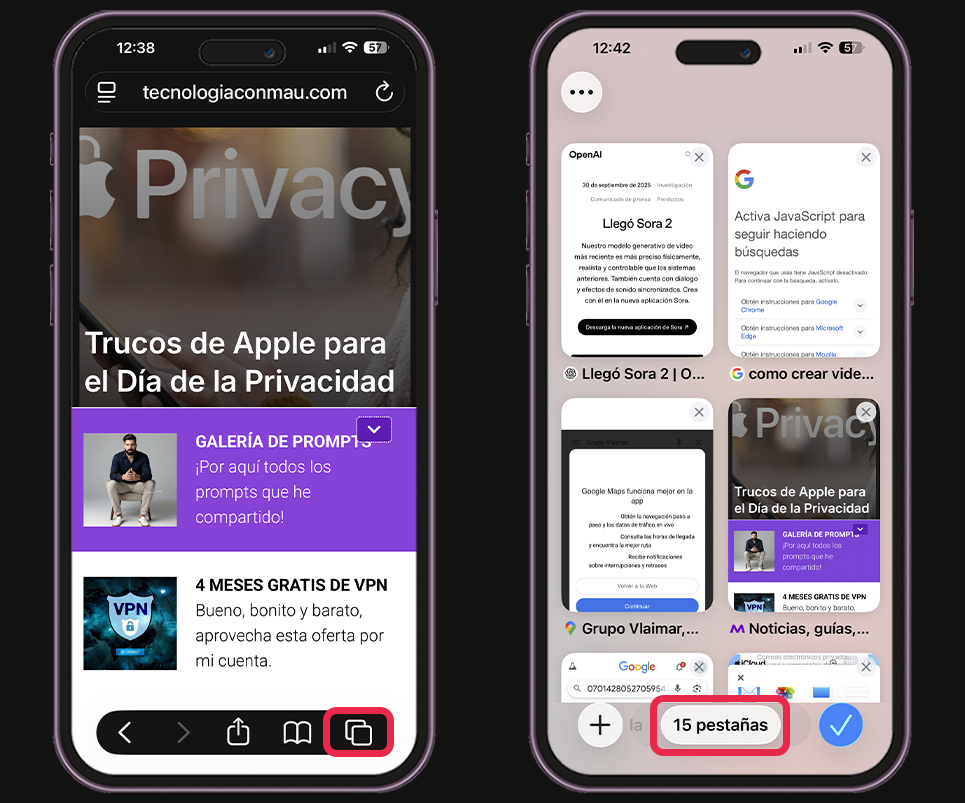 Abrir una pestaña privada en Safari con iPhone - desde Safari