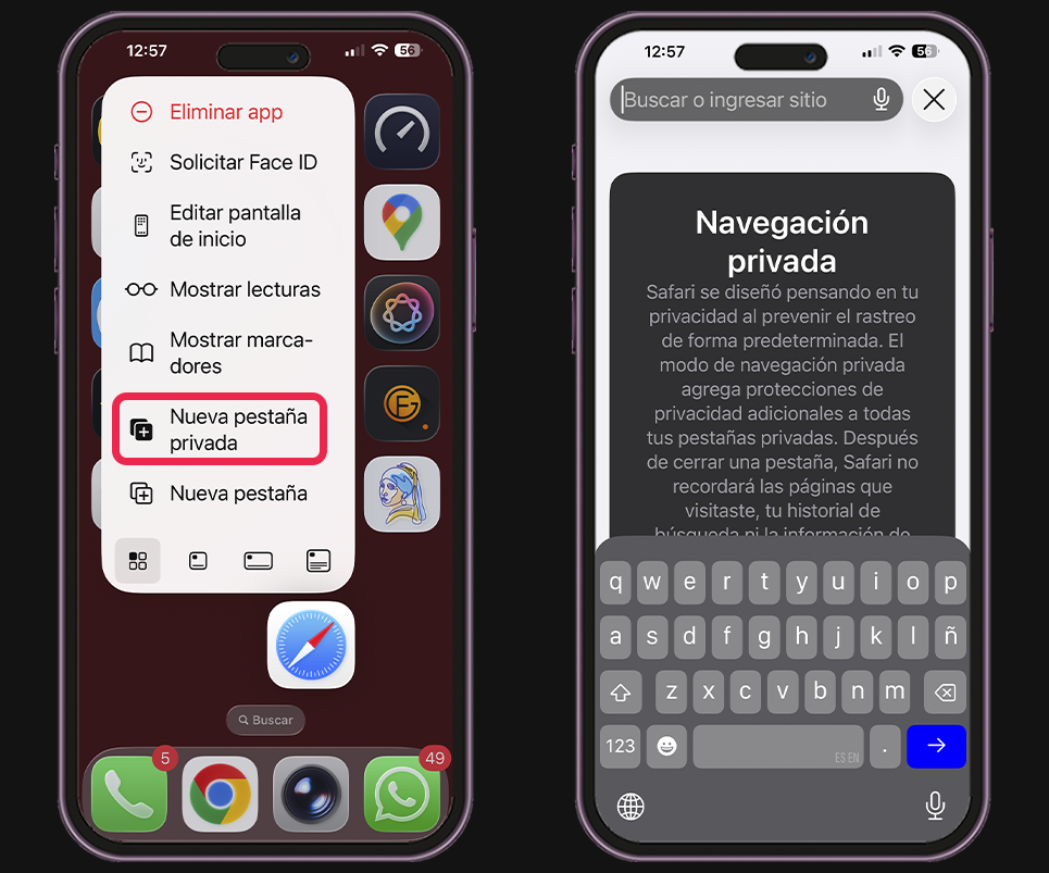 Abrir una pestaña privada en Safari con iPhone - desde la pantalla de inicio