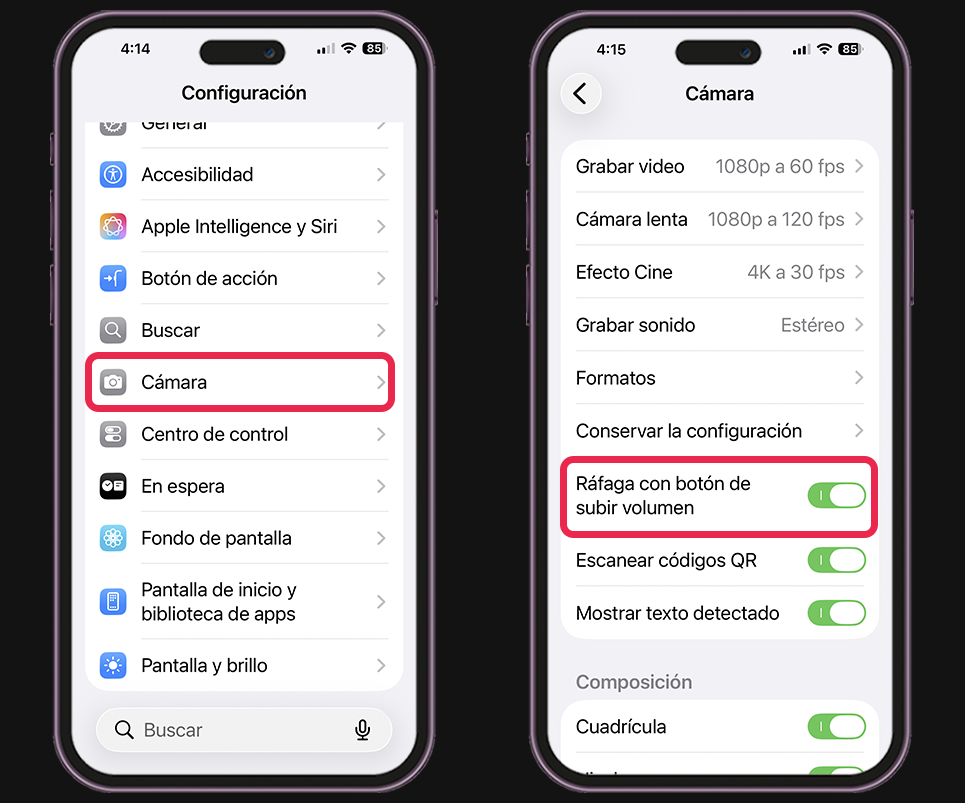 Ajustes de la cámara del iPhone - Ráfaga con el botón de subir volumen