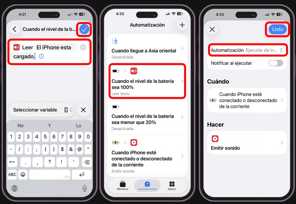 Coloca el texto que quieres que diga Siri cuando el iPhone esté cargado