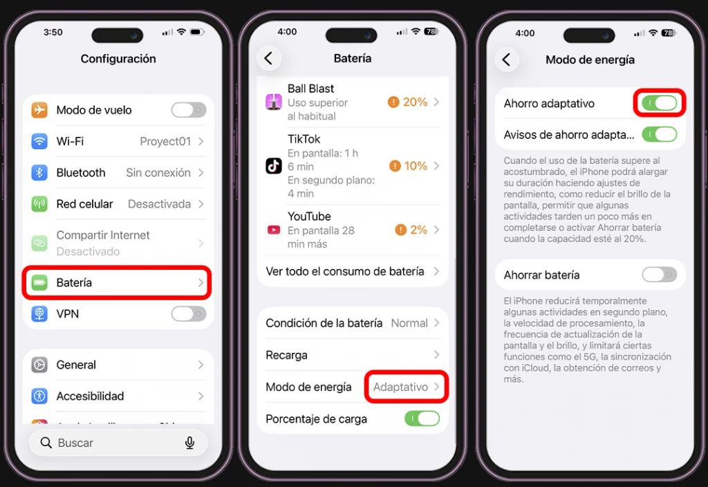 Ahorro adaptativo en iPhone