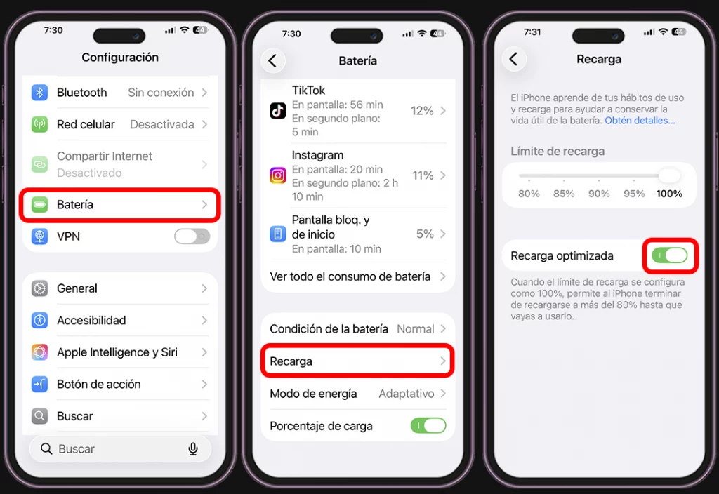 Pasos para activar la carga inteligente en iPhone