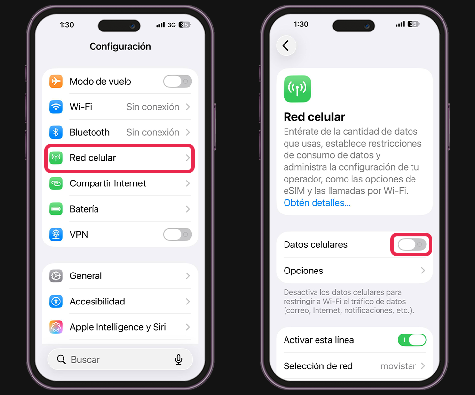 iPhone no puede activar los datos móviles - Activa y desactiva los datos móviles