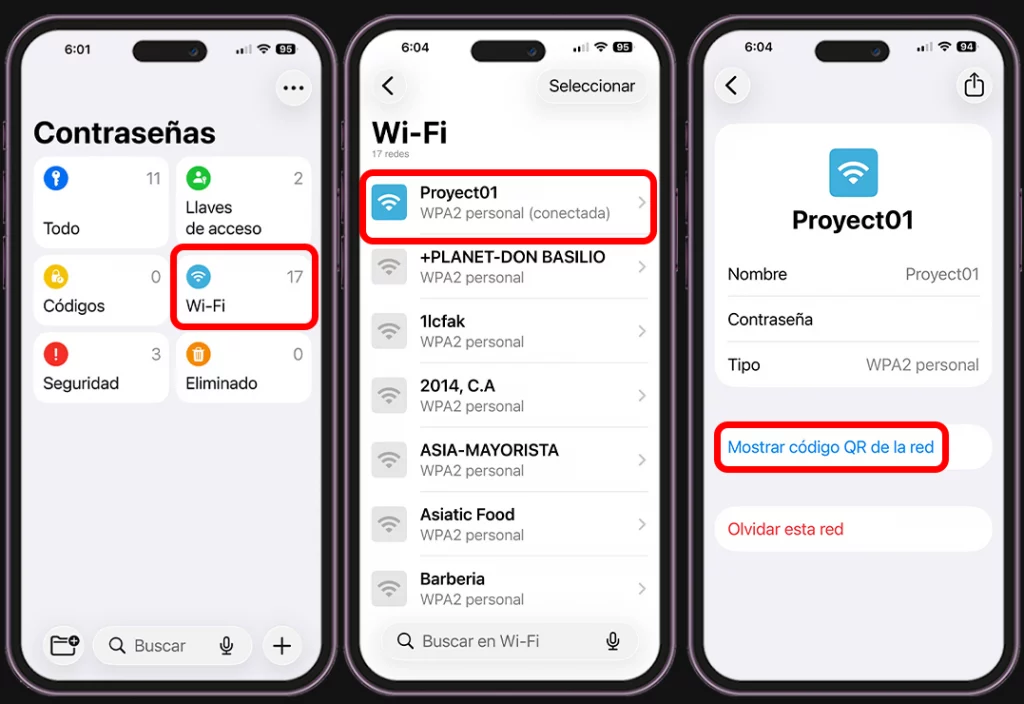 Pasos para compartir WiFi con código QR desde iPhone